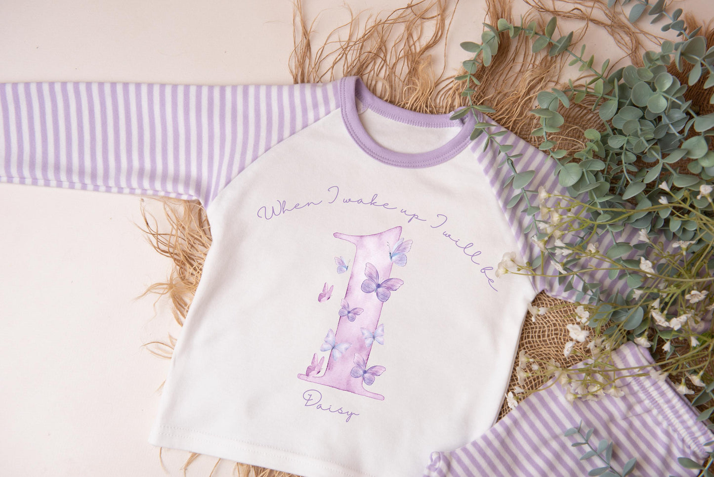 Girls personalised 1st birthday pyjamas, kids birthday eve, Lilac butterfly pyjamas, when I wake up I'll be one, two, three, four, five