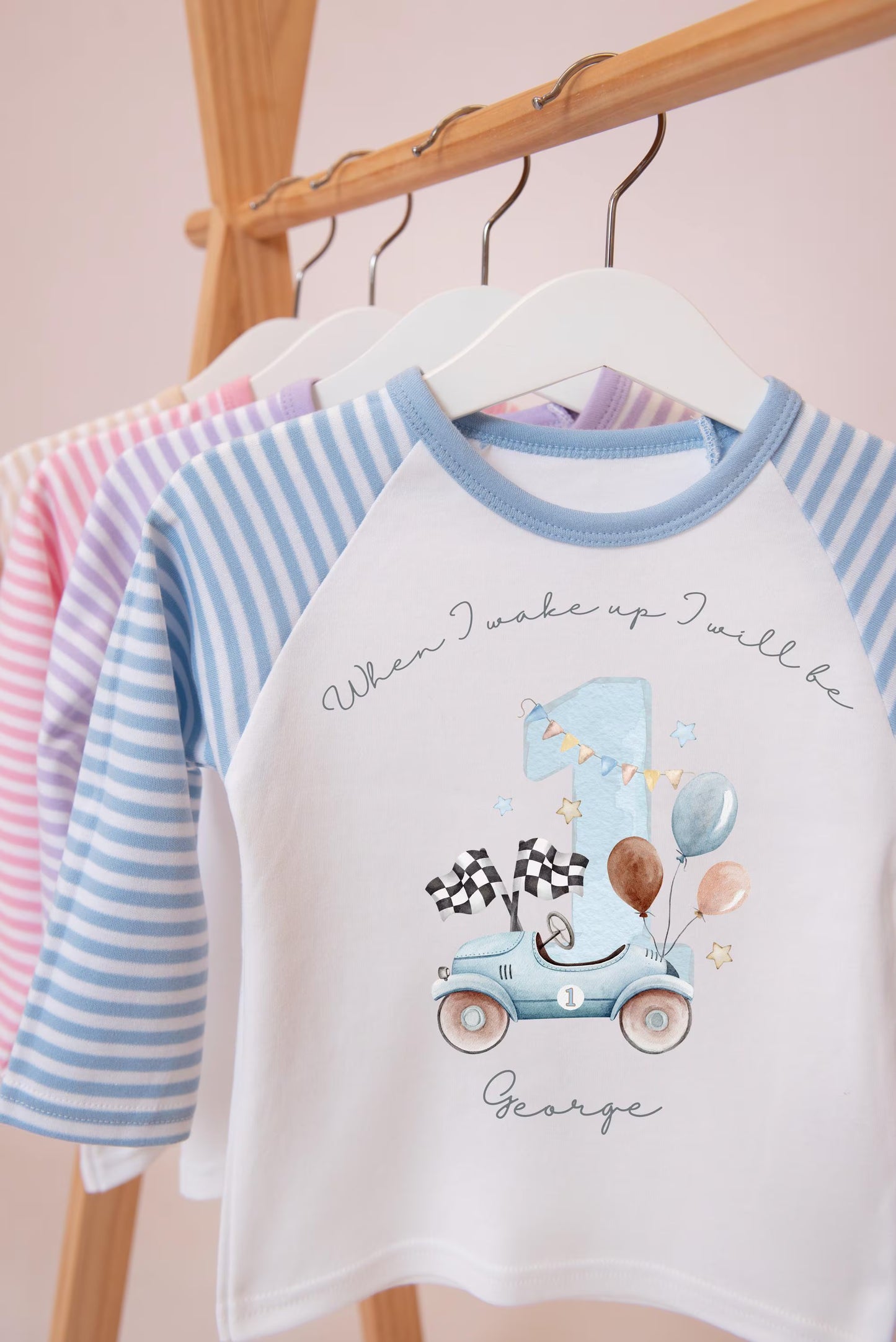 Boys personalised 1st birthday pyjamas, racing birthday theme, Blue car pyjamas, when I wake up I'll be.., boys birthday pyjamas
