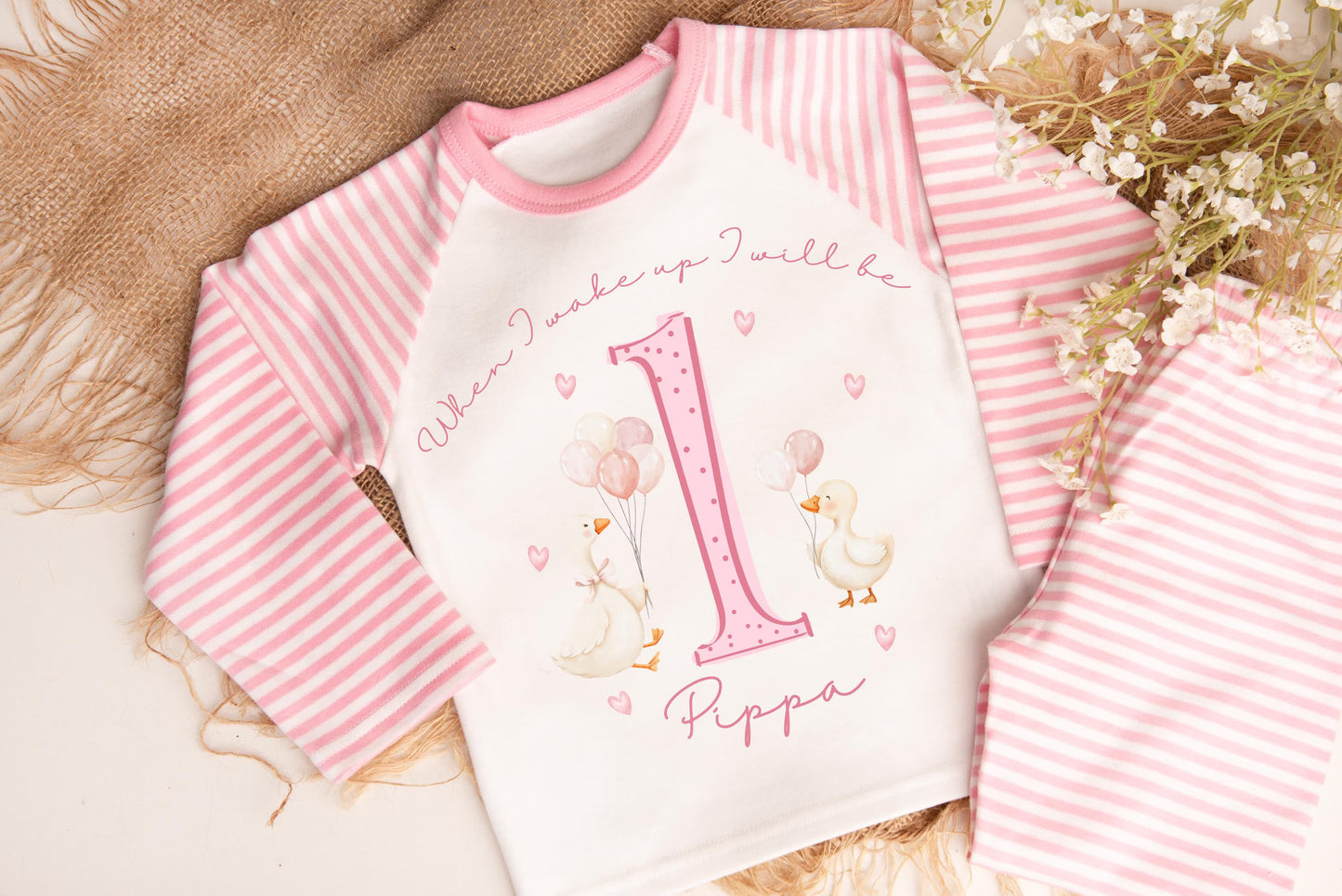 Girls First Birthday Pyjamas, One Silly Goose Birthday PJs, First Birthday Outfit, Girls personalised birthday pyjamas, pink pyjamas