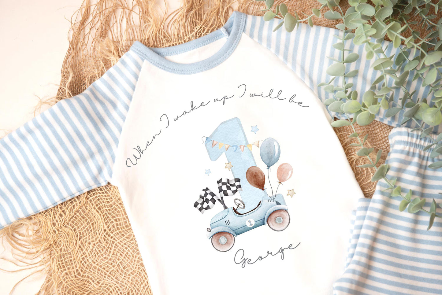 Boys personalised 1st birthday pyjamas, racing birthday theme, Blue car pyjamas, when I wake up I'll be.., boys birthday pyjamas