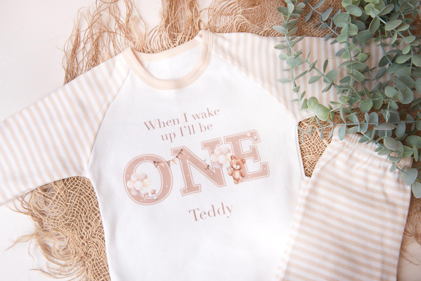 Boys personalised 1st birthday pyjamas, Teddy birthday theme,  neutral pyjamas, when I wake up I'll be.., boys birthday pyjamas