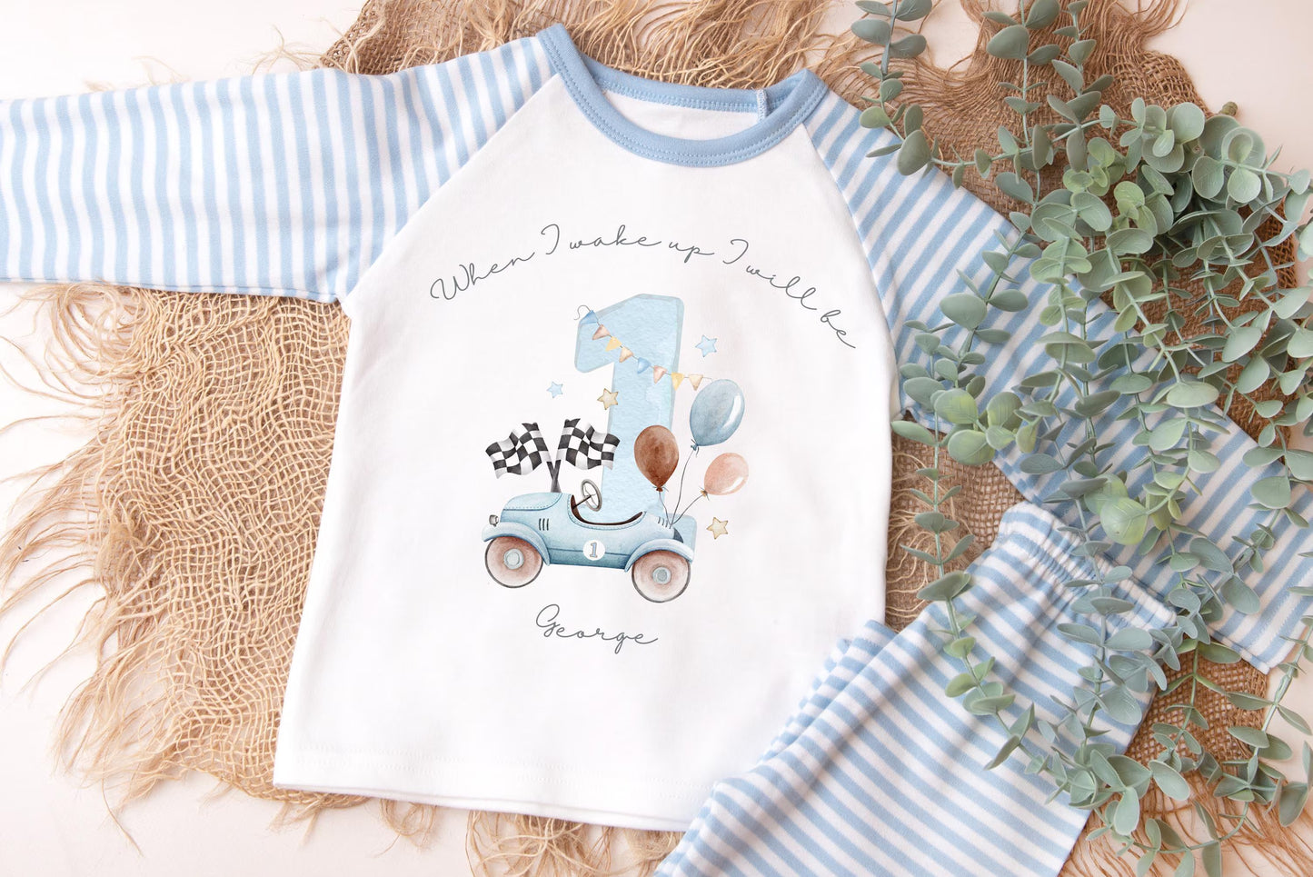 Boys personalised 1st birthday pyjamas, racing birthday theme, Blue car pyjamas, when I wake up I'll be.., boys birthday pyjamas