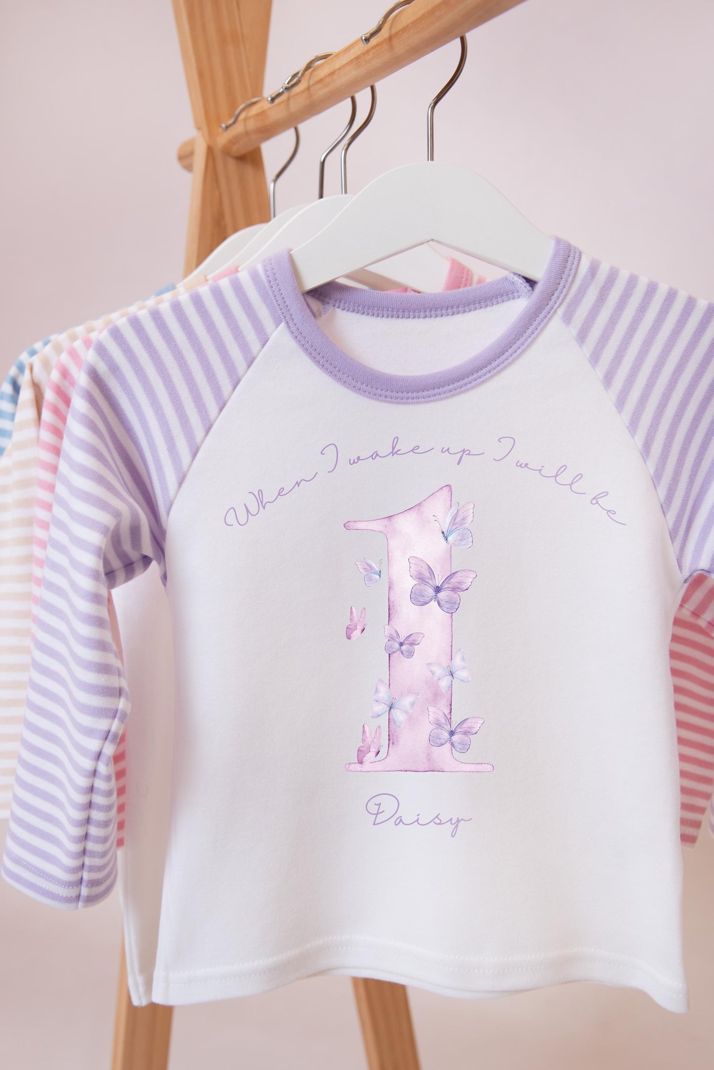 Girls personalised 1st birthday pyjamas, kids birthday eve, Lilac butterfly pyjamas, when I wake up I'll be one, two, three, four, five
