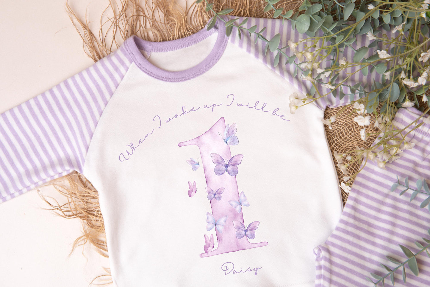Girls personalised 1st birthday pyjamas, kids birthday eve, Lilac butterfly pyjamas, when I wake up I'll be one, two, three, four, five