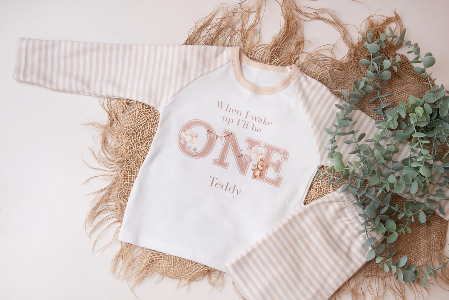 Boys personalised 1st birthday pyjamas, Teddy birthday theme,  neutral pyjamas, when I wake up I'll be.., boys birthday pyjamas
