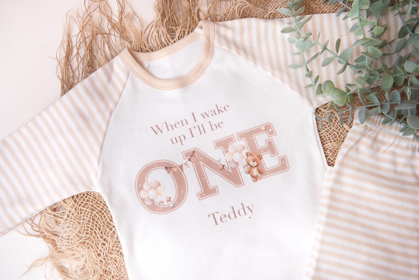Boys personalised 1st birthday pyjamas, Teddy birthday theme,  neutral pyjamas, when I wake up I'll be.., boys birthday pyjamas