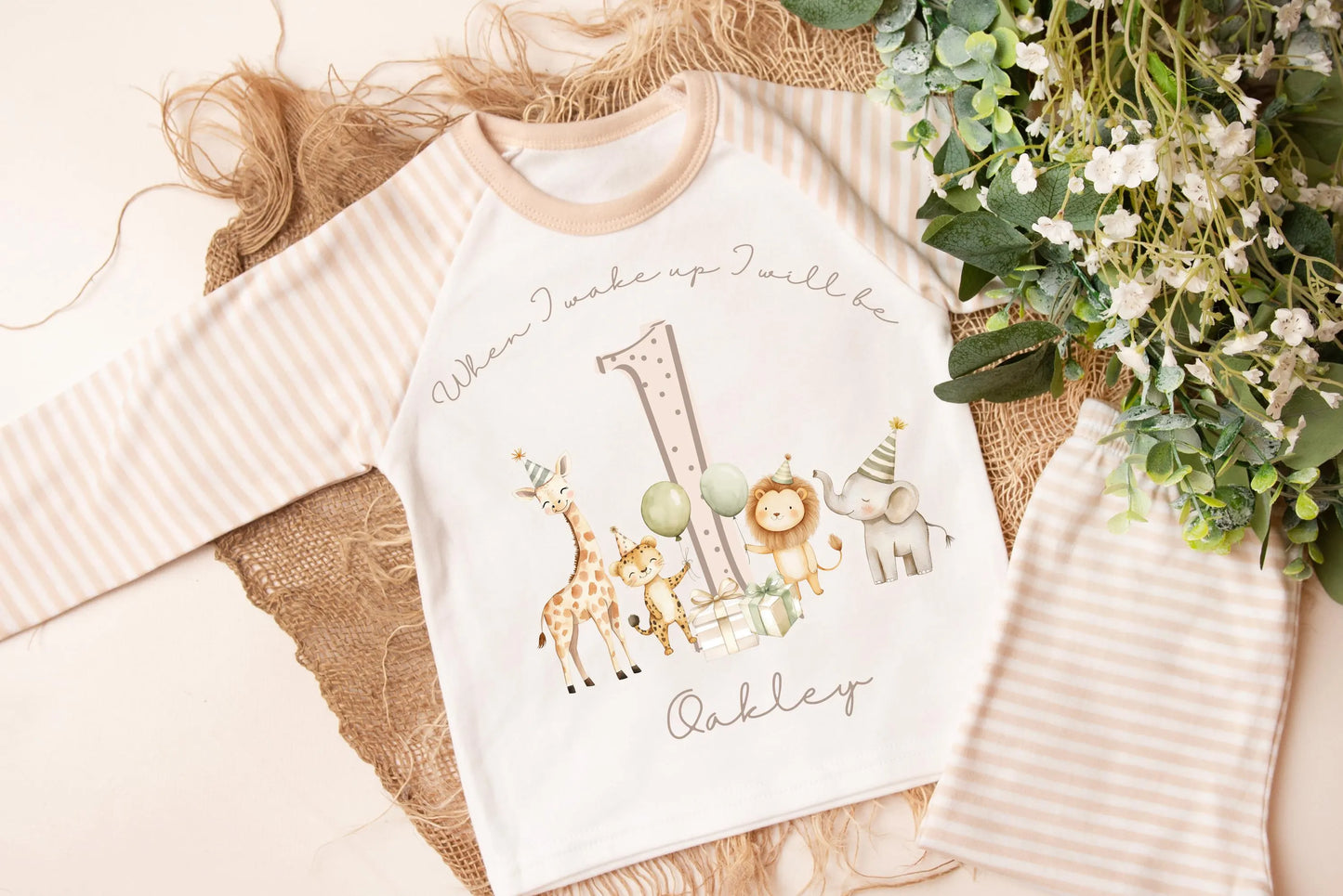 Personalised Safari 1st Birthday pyjamas, Baby First Birthday Pyjamas, Jungle Birthday Outfit, boys birthday pyjamas,  Neutral Baby Gift