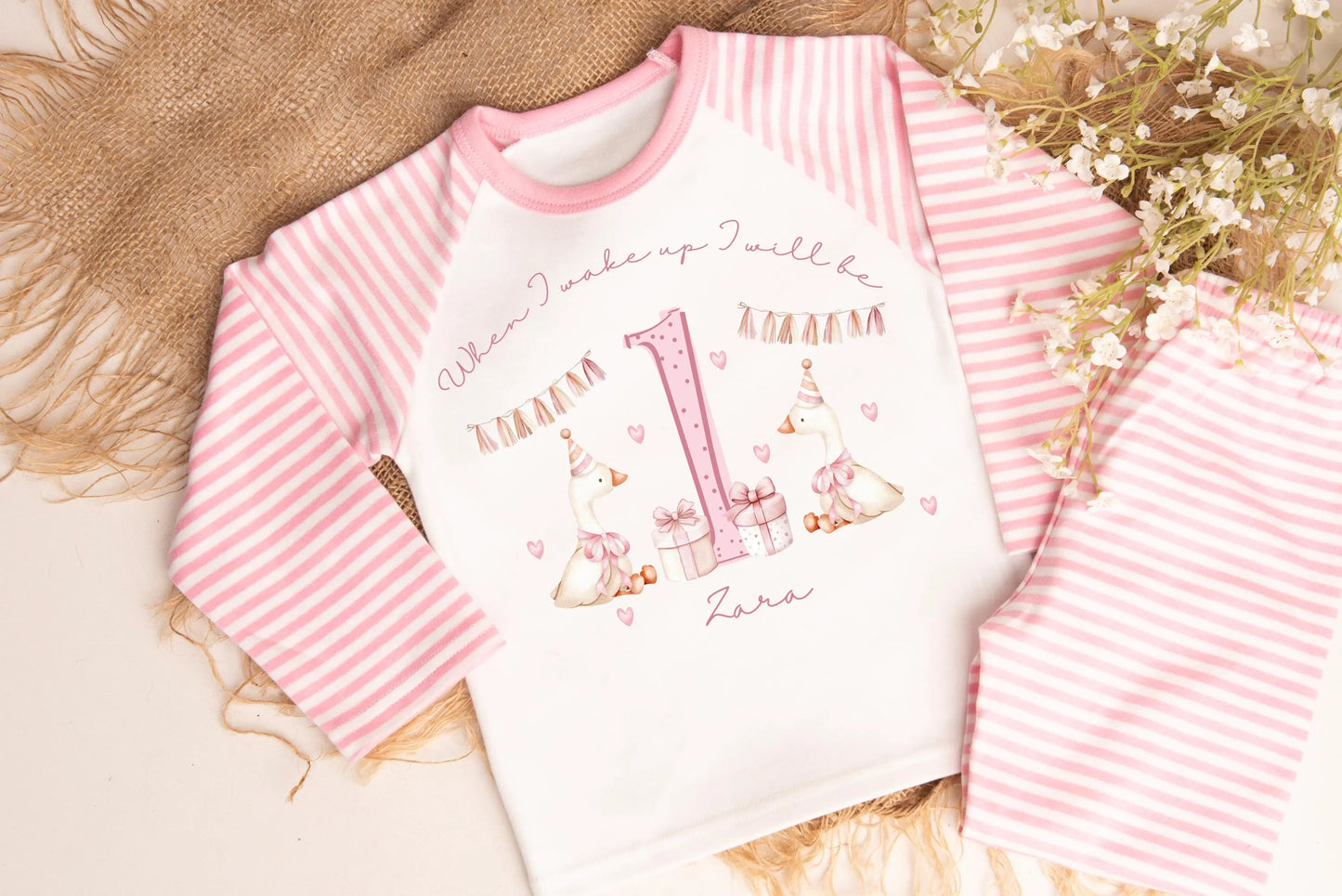 Girls First Birthday Pyjamas, One Silly Goose Birthday PJs, First Birthday Outfit, Girls personalised birthday pyjamas, pink pyjamas