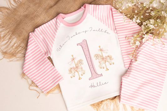 Girls First Birthday Pyjamas, ballerina Birthday PJs, First Birthday Outfit, Girls personalised birthday pyjamas,  when I wake up pjs