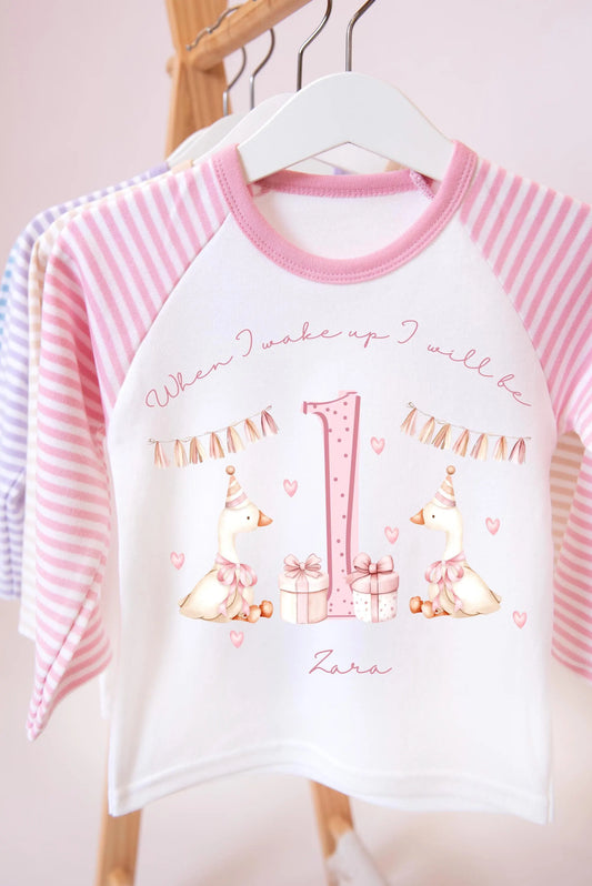 Girls First Birthday Pyjamas, One Silly Goose Birthday PJs, First Birthday Outfit, Girls personalised birthday pyjamas, pink pyjamas