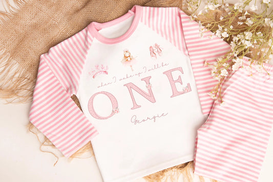 Girls First Birthday Pyjamas, ballerina Birthday PJs, First Birthday Outfit, Girls personalised birthday pyjamas,  when I wake up pjs