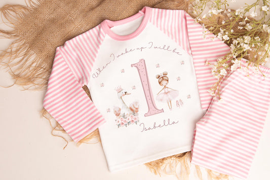 Girls First Birthday Pyjamas, ballerina Birthday PJs, First Birthday Outfit, Girls personalised birthday pyjamas,  when I wake up pjs
